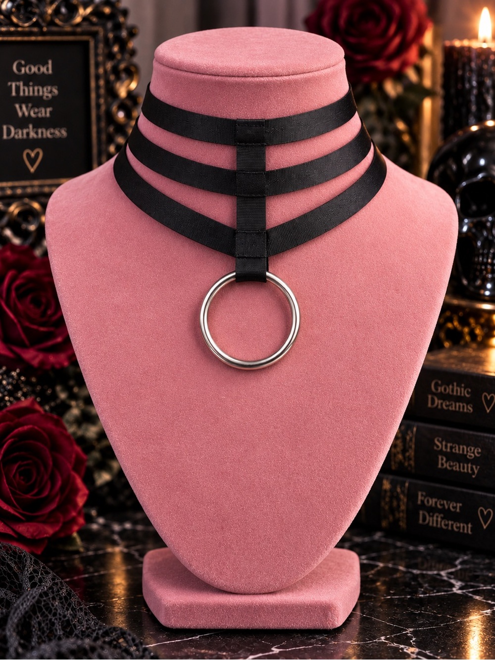 Black Triple-Strap Choker Necklace with Silver Ring Pendant